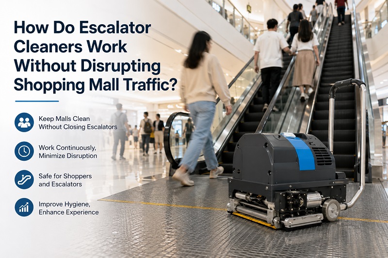 Como os sistemas de limpeza de escadas rolantes funcionam sem interromper o fluxo de visitantes em um shopping center?